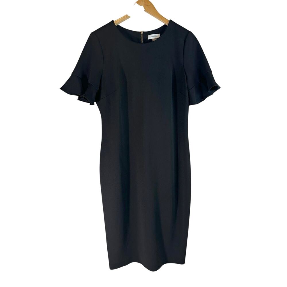 Calvin Klein Ruffle Sleeve Career Sheath Dress Black 12 Business LBD Neutral
